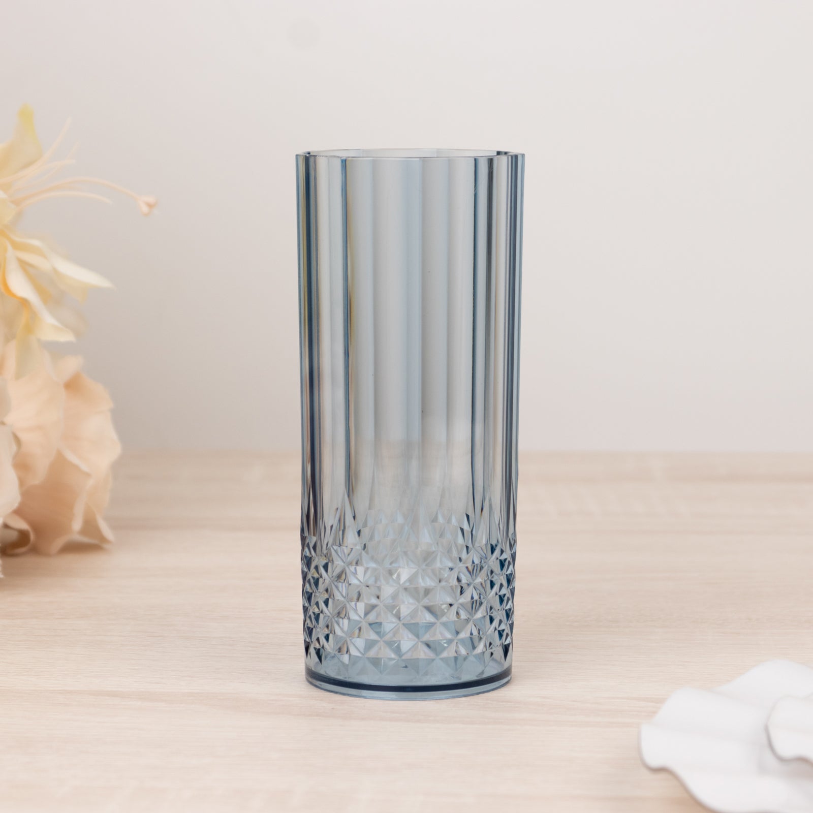 6-Pack Transparent Plastic Highball Drink Glasses 14oz, Crystal Cut Style Dusty Blue - Shatterproof Tall Cocktail Tumblers
